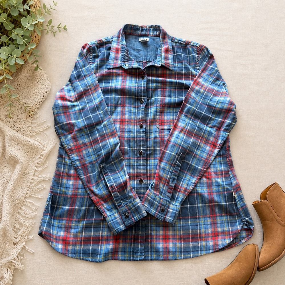LL Bean Womens Plaid Flannel Shirt Blue Red Cotton Blend L 513243